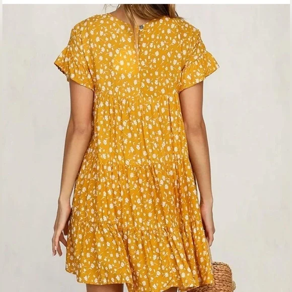 🤎 SUZANNE BETRO SIZE L BABYDOLL TIERED GOLD FLORAL LOOSE DRESS NWOT BOHO STYLE - Picture 2 of 12